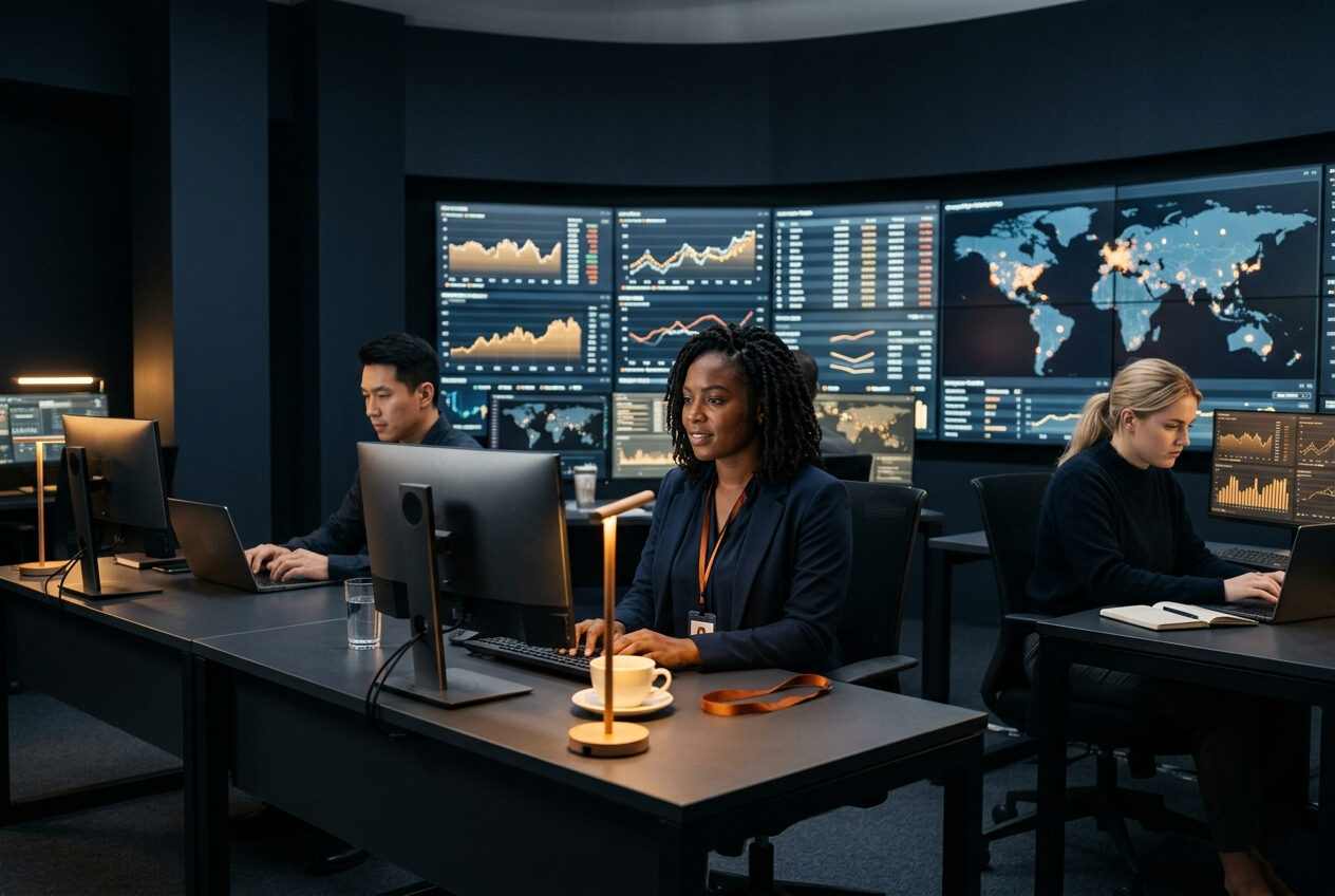 Datawait analysts monitoring live market signals in an operations center